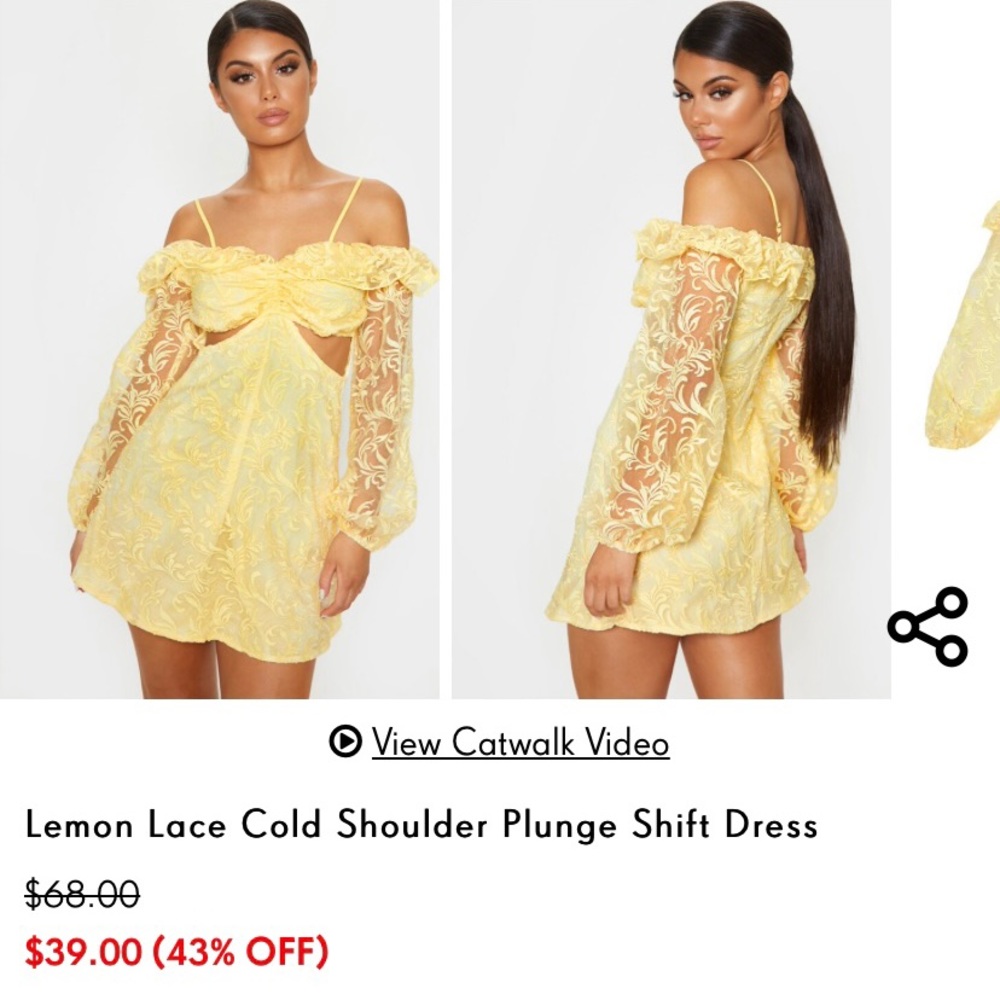 2 FOR $30 NWOT PLT Lemon lace cold shoulder dress